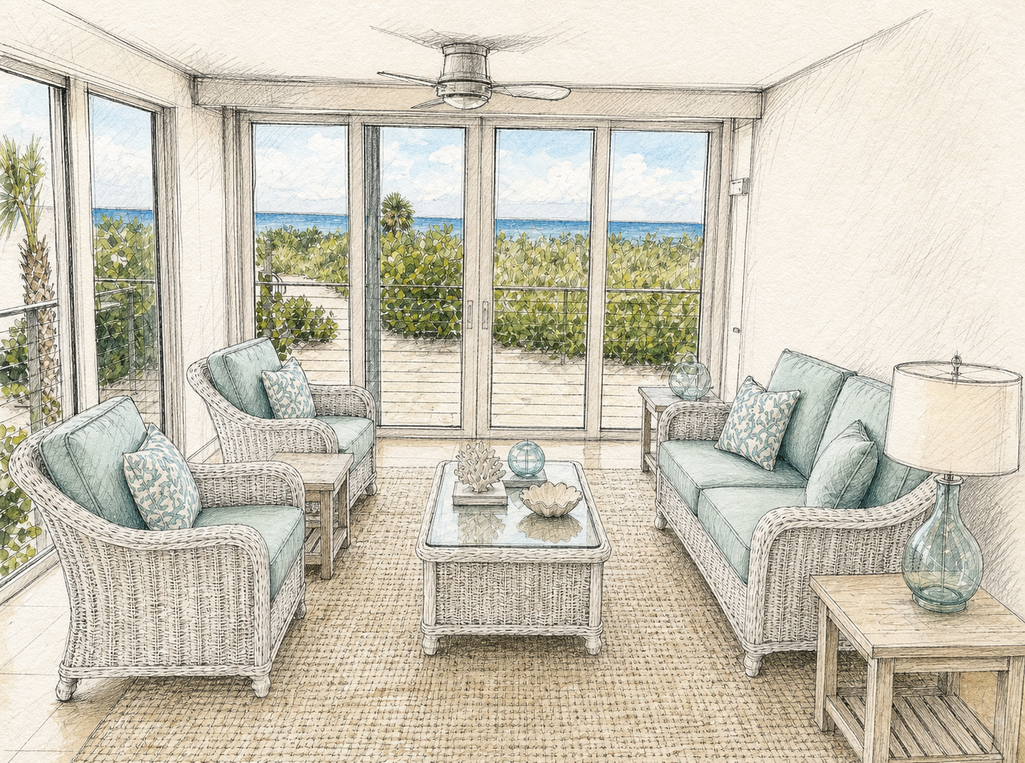 Watercolor and pencil concept for an oceanfront living space