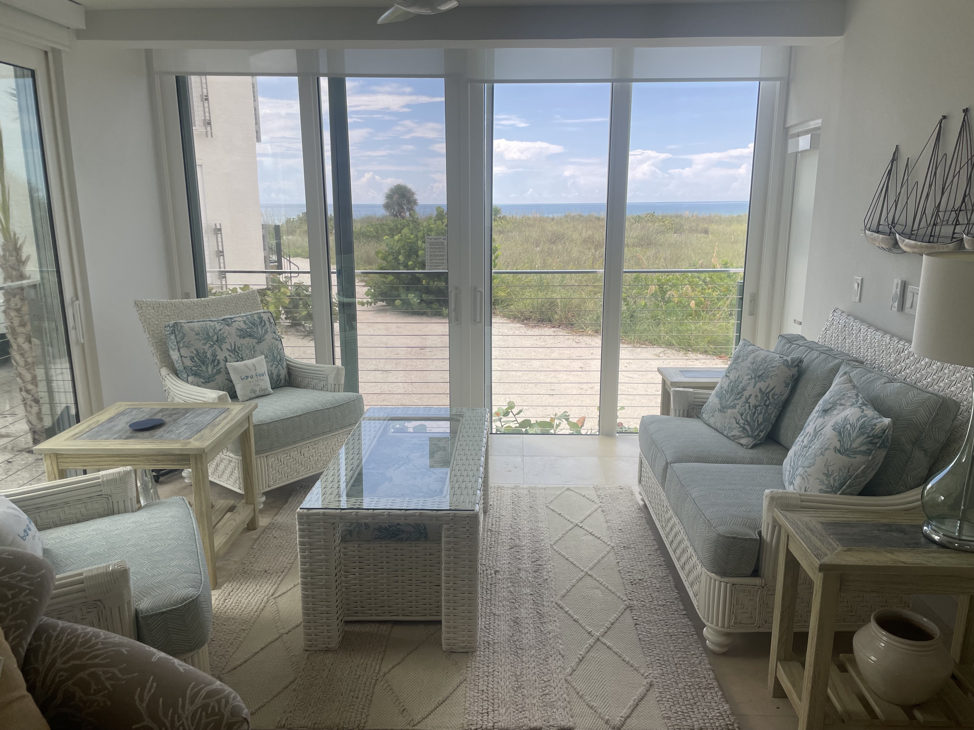 Completed oceanfront room with coastal furnishings