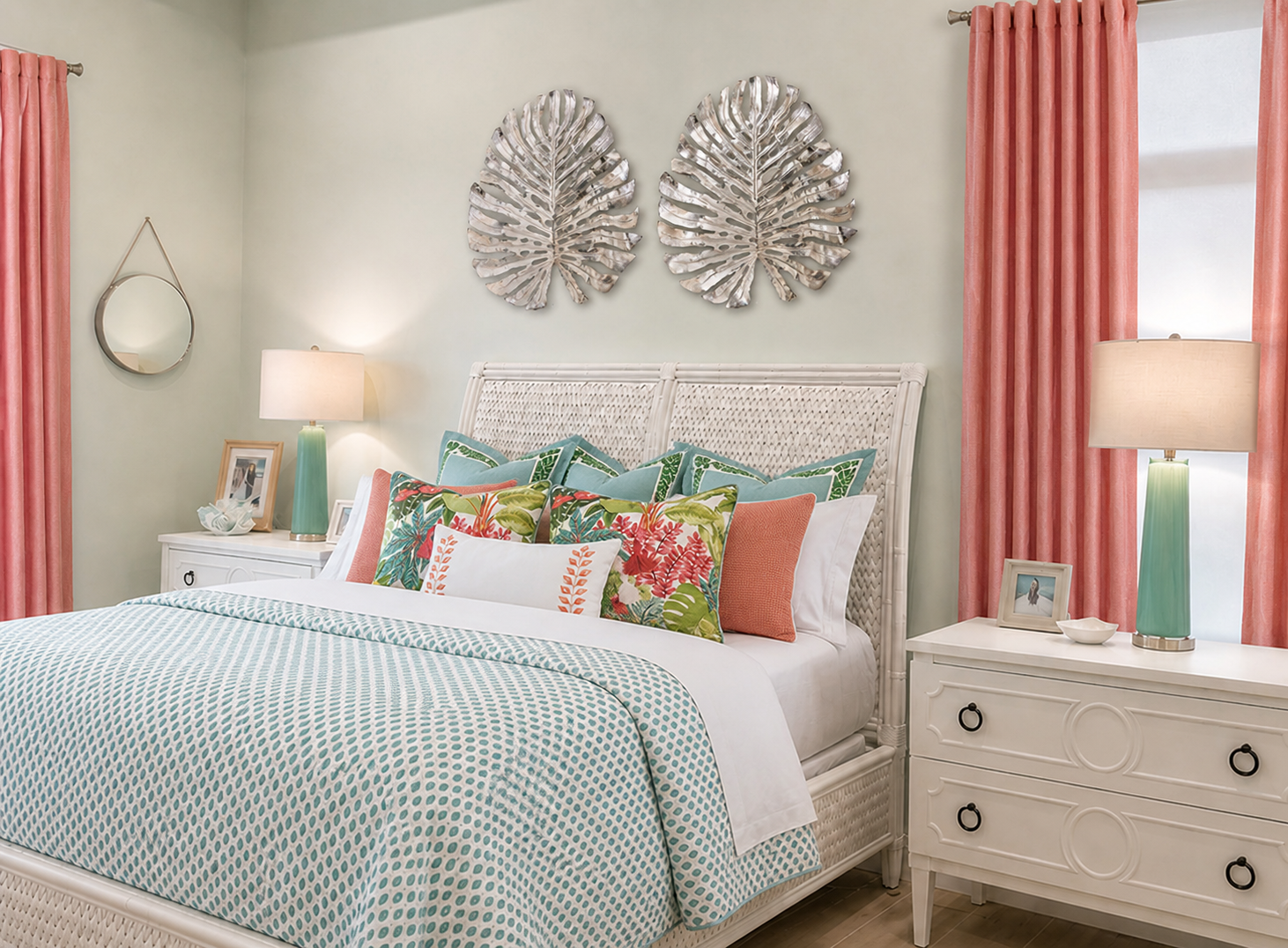 Coastal bedroom furnishings with tropical bedding, coral drapery, and silver leaf wall art